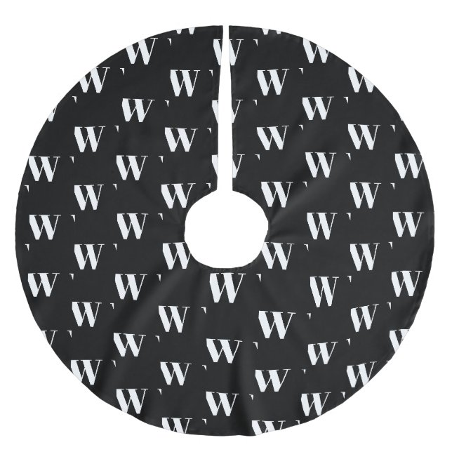 Modern monogram black white custom initial letter brushed polyester tree skirt (Front)
