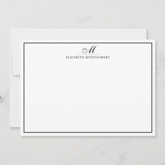 Modern Monogram Black & White Flat Note Card (Front)