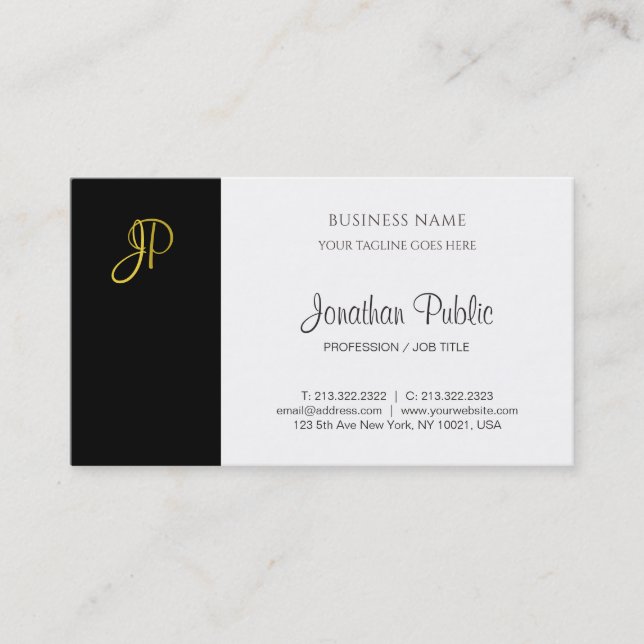 Modern Monogram Black White Gold Company Template Business Card (Front)