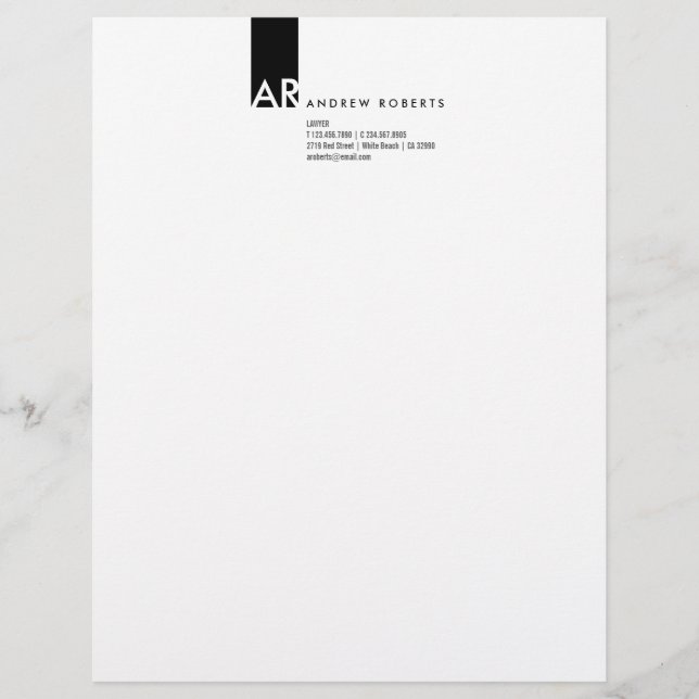 Modern Monogram Black White Lawyer Top Letterhead (Front)