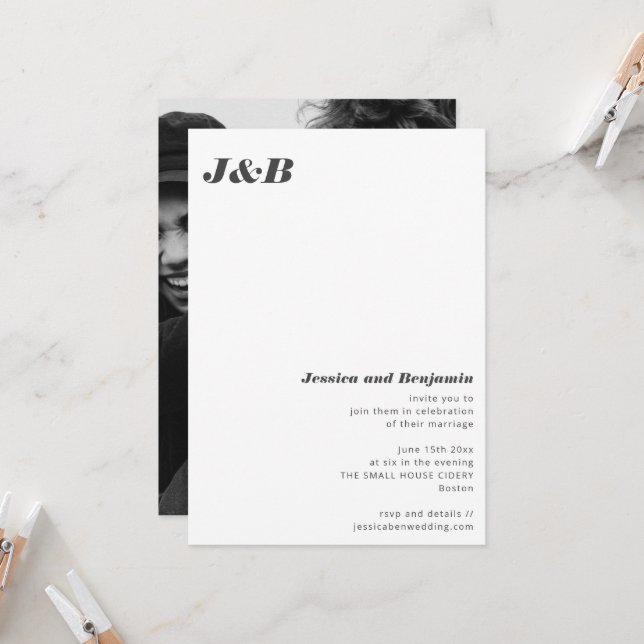 Modern Monogram Black White Photo Wedding Invitation (Front/Back In Situ)