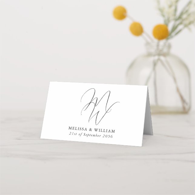 Modern Monogram Black & White Wedding Place Card (Front)