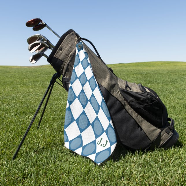Modern Monogram Blue and White Magnetic Custom Golf Towel (Green)