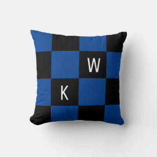 Modern Monogram Blue Black Check Cushion