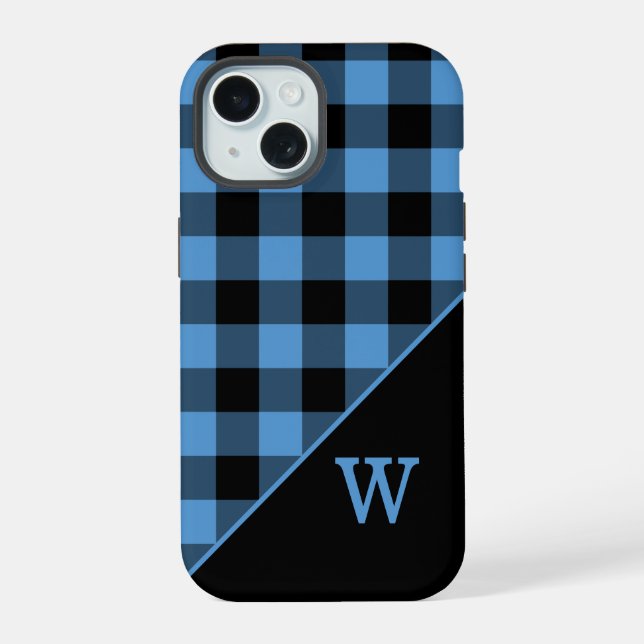 Modern Monogram Blue Black Gingham Plaid Pattern iPhone 15 Case (Back)