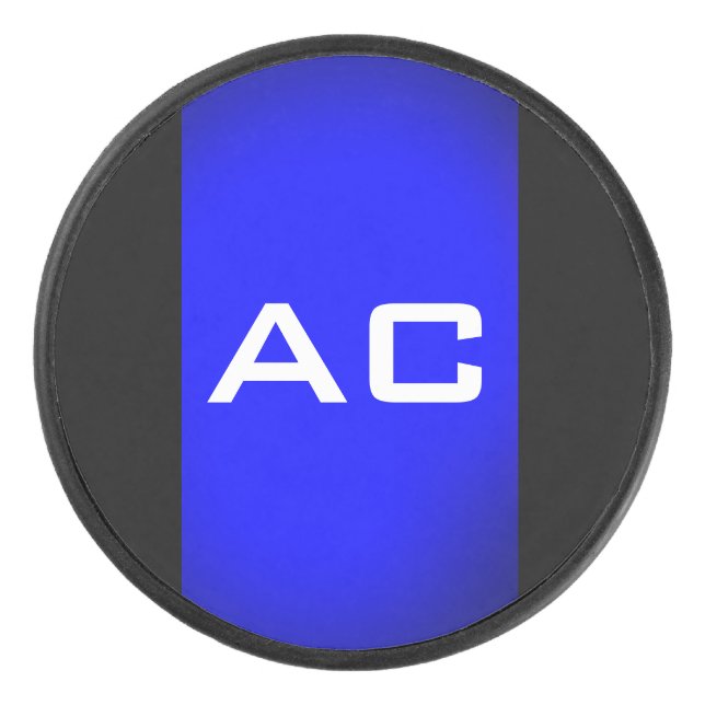 Modern Monogram Blue Black Plain Hockey Puck (Front)