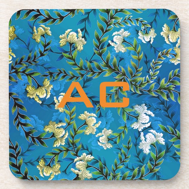 Modern Monogram Blue Floral Chic Coaster (Front)