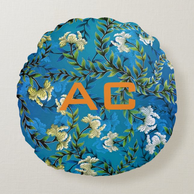Modern Monogram Blue Floral Chic Round Cushion (Front)