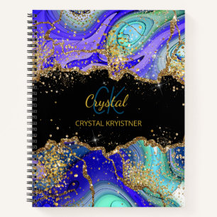 Modern Monogram Blue Green Agate Glitter  Notebook