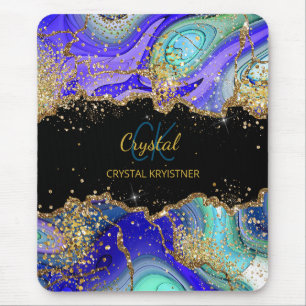 Modern Monogram Blue Green Agate Glitter Notebook Mouse Pad