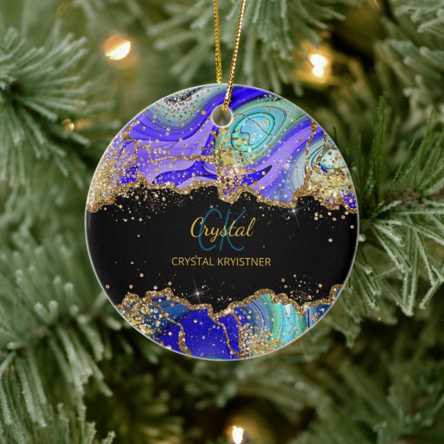 Modern Monogram Blue Green Gold Ceramic Tree Decoration (Tree)