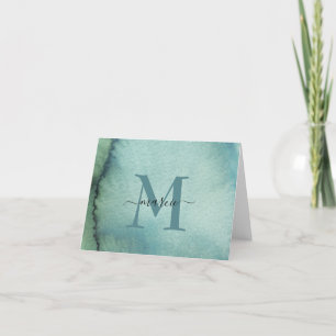 Modern Monogram Blue Green Watercolor Thank You Card