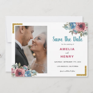 Modern Monogram Blue & Pink Floral Photo Wedding Save The Date