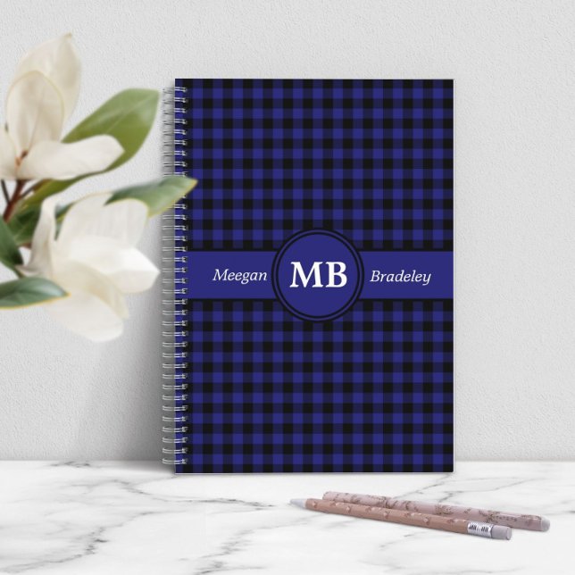 Modern Monogram Blue Plaid Pattern Spiral Notebook (Modern Blue Plaid Monogram Notebook)
