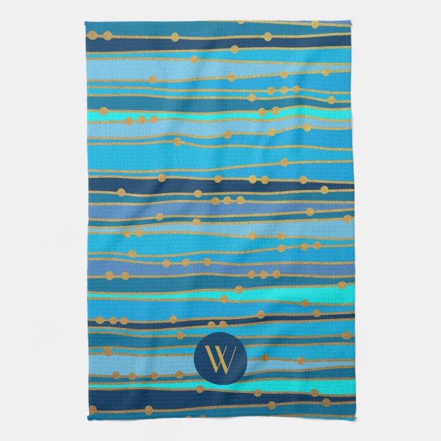 Modern Monogram Blue Stripes Pattern Tea Towel (Vertical)