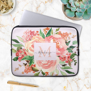 Modern Monogram Blush Pink Floral Bouquet Laptop Sleeve