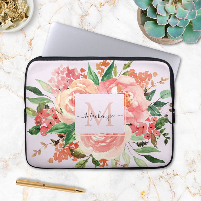 Modern Monogram Blush Pink Floral Bouquet Laptop Sleeve (In situ)