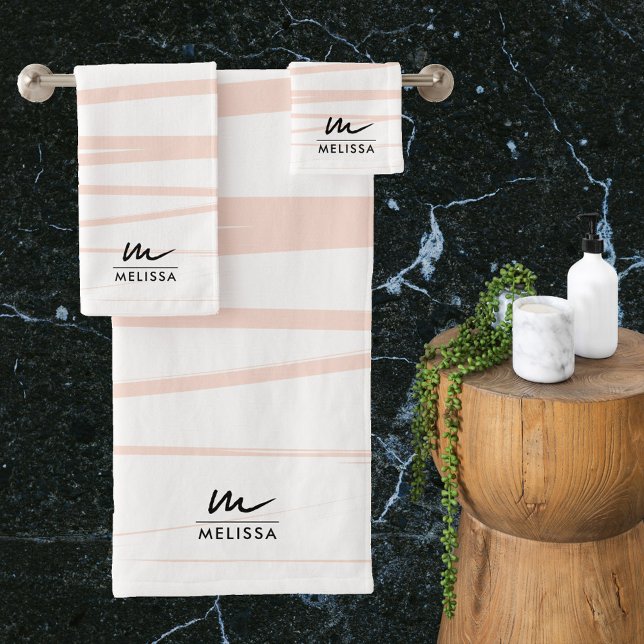 Modern Monogram Blush Pink Lines Abstract Art  Bath Towel Set (Modern Monogram Blush Pink Lines Abstract Art Bath Towel Set)