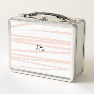 Modern Monogram Blush Pink Lines Abstract Art Metal Lunch Box