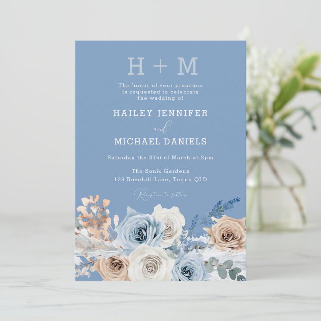 Modern Monogram Boho Dusty Blue Floral Wedding  Invitation (Standing Front)