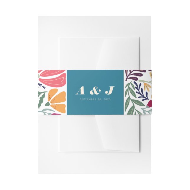 Modern Monogram Boho Retro Chic Floral Wedding Invitation Belly Band (Front Example)