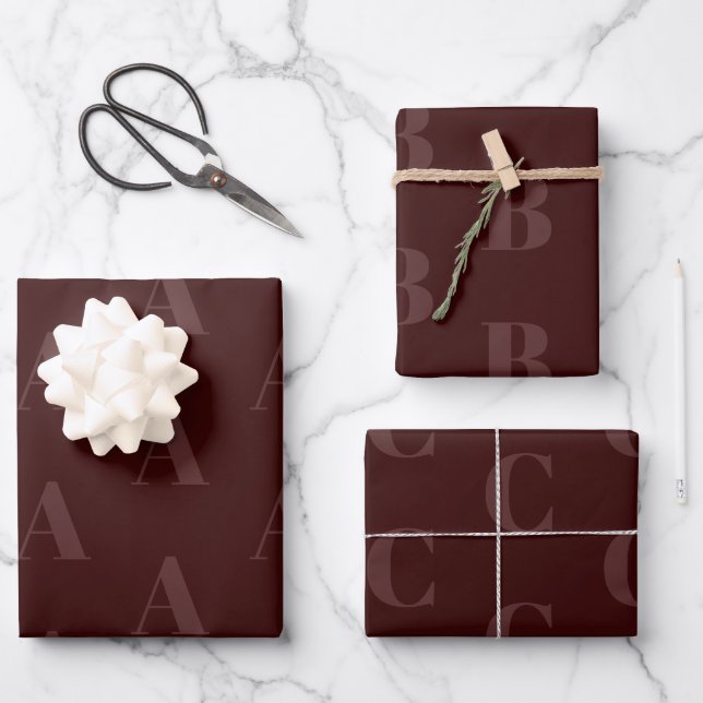 Modern monogram bordeaux monochromatic pattern wrapping paper sheet (Front)