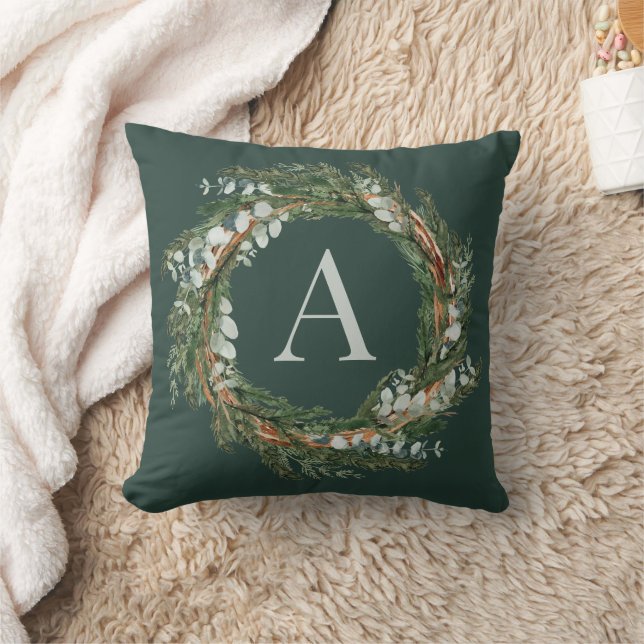 Modern monogram botanical wreath elegant green cushion (Blanket)