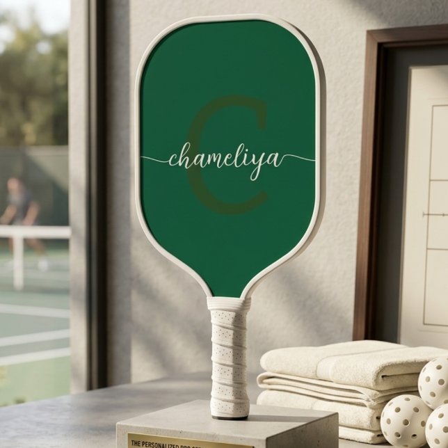 Modern Monogram Bottle Green & White Pickleball Paddle (Creator Uploaded)