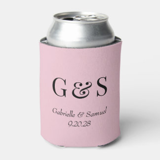 Modern Monogram Bride & Groom Names Pink Can Cooler