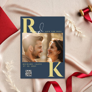 Modern Monogram Bright Bold Navy Blue Photo  Invitation