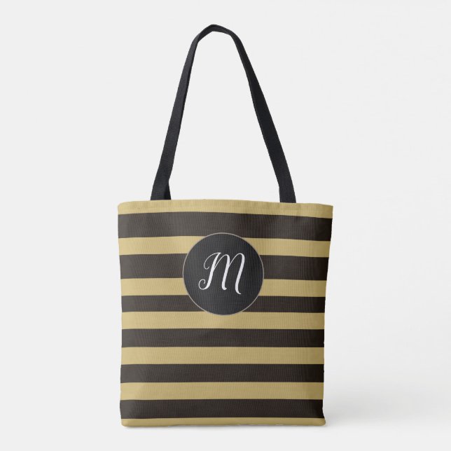 Modern Monogram Brown Striped Pattern Tote Bag (Back)