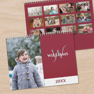 Modern Monogram Burgundy Red Photo Calendar