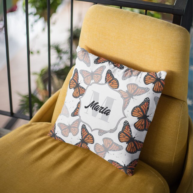 Modern Monogram Butterflies Personalised Cushion (Elegant monogram pillow with botanical monarch butterflies. )