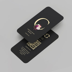 Modern Monogram C Elegant Black Gold Floral  Business Card