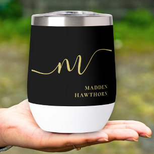 Modern Monogram Calligraphy Black Gold Bridesmaid