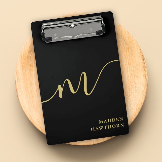 Modern Monogram Calligraphy Black Gold Name Mini Clipboard (Creator Uploaded)