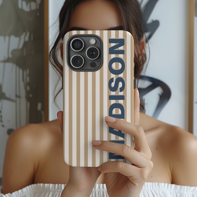 Modern Monogram Camel Striped Bridal Shower Name iPhone Case (Personalized Name Pastel Stripe iPhone case Gift for graduation)