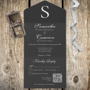 Modern Monogram Charcoal Black QR Code All In One Invitation