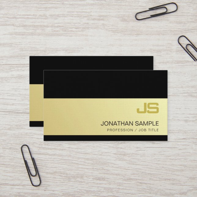 Modern Monogram Chic Black Gold Plain Luxury Business Card (Front/Back In Situ)