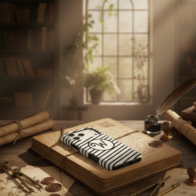 Modern Monogram Chic Black & White Diagonal Stripe (Creator Uploaded)