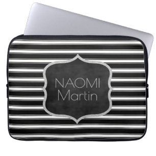 Modern Monogram Chic Black & White Stripes Laptop Sleeve