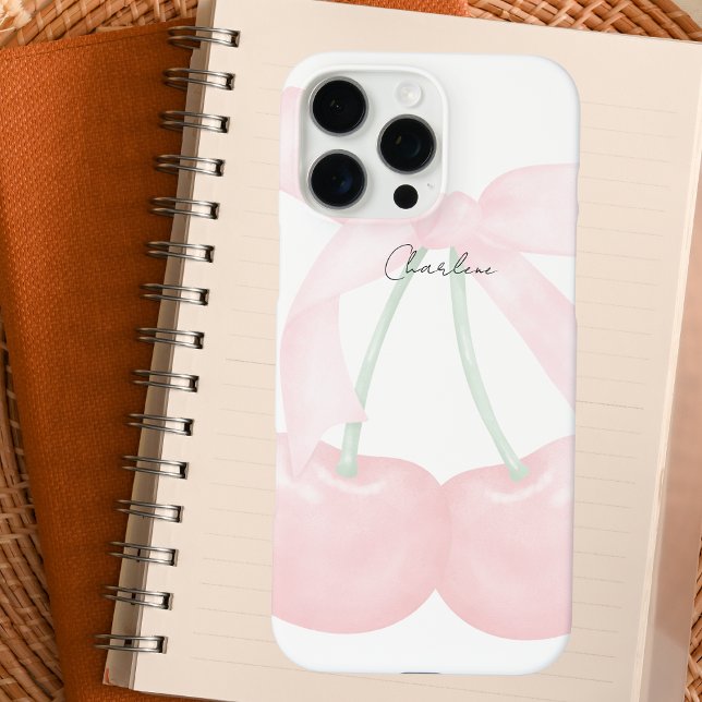 Modern Monogram Chic Cherries Pink Bow Case-Mate iPhone Case (Creator Uploaded)