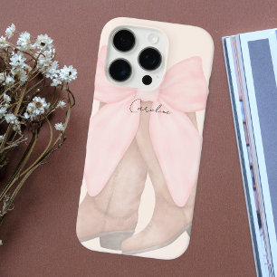 Modern Monogram Chic Cowboy Boots Pink Bow iPhone 16 Pro Case