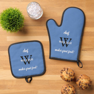 Modern Monogram Chic Script Chef Name Rustic Blue Oven Mitt & Pot Holder Set