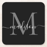Modern Monogram Classic Black Grey Script Name Square Paper Coaster<br><div class="desc">Elegant Modern Personalised Black Silver Grey Monogram Script Name Initial Paper Coaster</div>