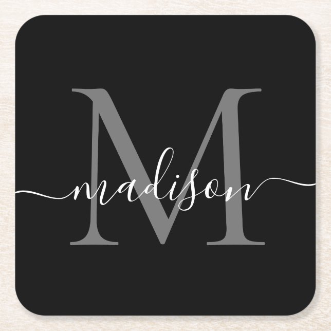 Modern Monogram Classic Black Grey Script Name Square Paper Coaster (Front)