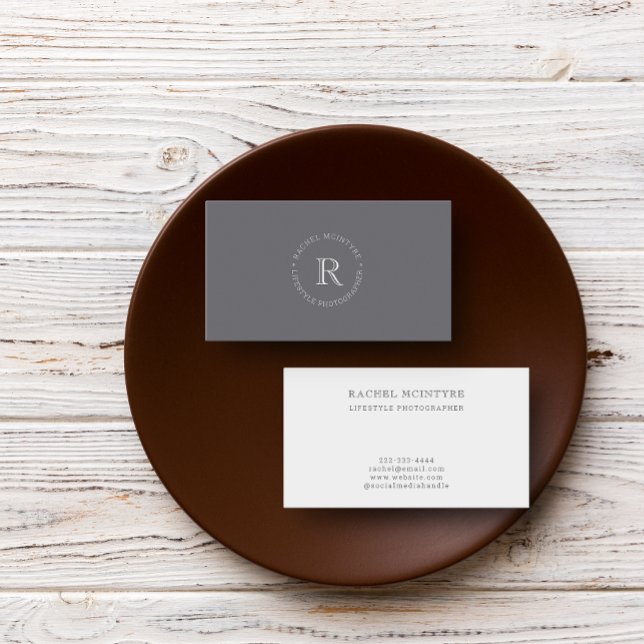 Modern Monogram: Clean Chic Gray Business Card (A gray business card with an elegant round monogram design.)