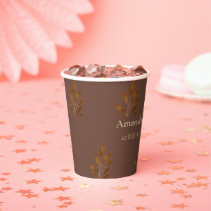 Modern Monogram Coffee Brown and Gold Leaf Wedding Paper Cups