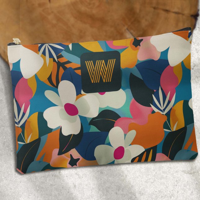 Modern Monogram Colourful Retro Flowers Pattern Accessory Pouch (Retro Floral 70s Style Colorful Boho FLowers Pounch for WOmen.)