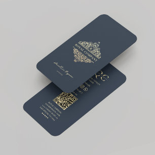 Modern Monogram Company Dark Blue Gold Ornament Business Card